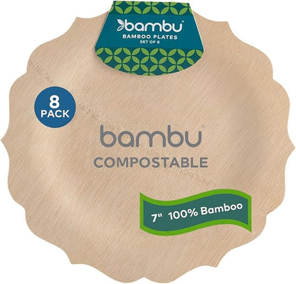 Bambu Pack of 8 - 7 Inch Disposable Bamboo Plates Fancy, Biodegradable Eco Friendly Products, Bamboo Disposable Plates for Events, Compostable Plates