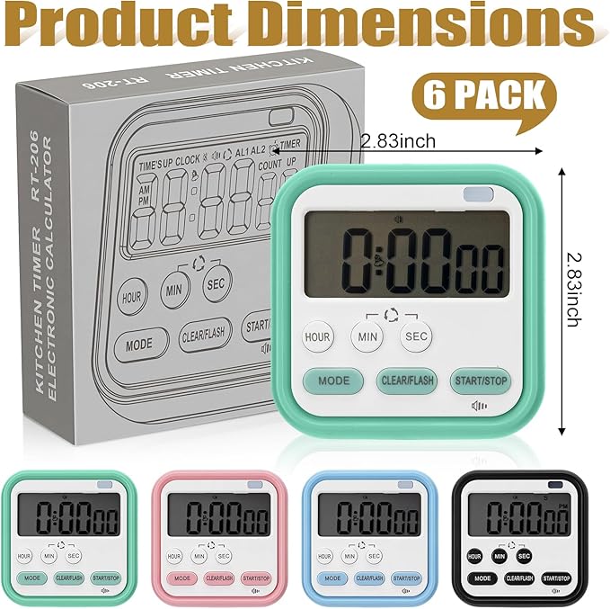Leumoi 6 Pcs Digital Kitchen Timer 24 Hour Clock and Alarm Function Timer