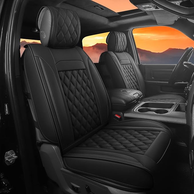 JOJOBAY Car Seat Covers for Dodge Ram,Fit 2009-2025 1500/2500/3500 HD Pick-up Truck,Crew,Regular,Quad,Mega Cab,Waterproof Synthetic Leather Seat Covers(5PCS-Full Set,Black)