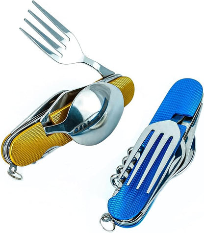 Cluck 6-in-1 Multi-Function Camping Flatware Utensil Folding Knife Cutlery Detachable Pocket Kits with Carrying Pouch (Gold + Blue)