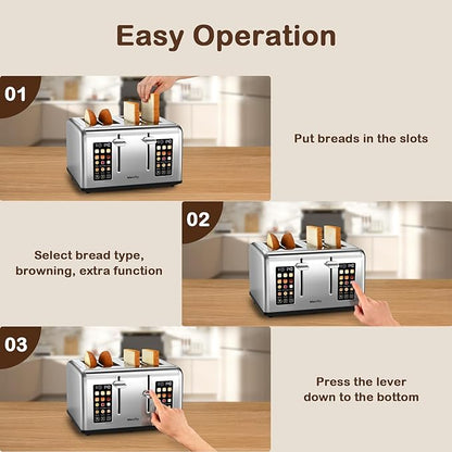 Mecity 4 Slice Toaster with Touch Screen Control, 4 Wide Slots, Stainless Steel