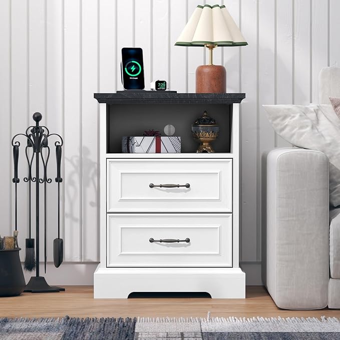 Nightstand with Charging Station, Rustic Farmhouse Wood Small Dresser, Bedside