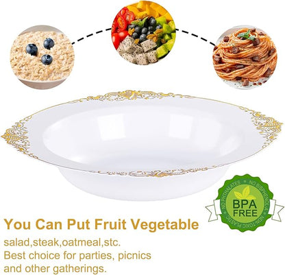 Nervure 50 Pack White Plastic Bowls with Gold Rim - 12oz Disposable Soup Bowls - Heavy Duty Dessert Bowl, Salad Bowl Perfect for Weddings, Parties, Thanksgiving and Everyday Use