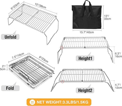 REDCAMP Folding Campfire Grill 304 Stainless Steel Grate, Adjustable Height Portable Camping Grill with Carrying Bag for Outdoor Cooking BBQ