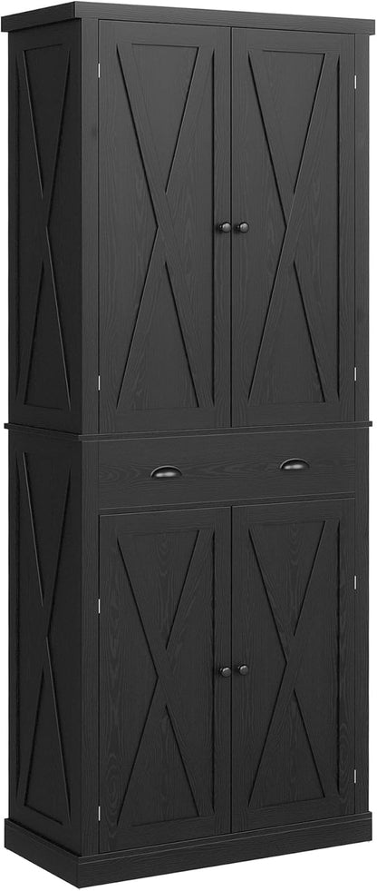 IRONCK Kitchen Pantry Storage Cabinet 83.9" H, with Barn Doors, Drawer, 4 Adjustable Shelves, Freestanding Cupboard for Dining Room Living Room, Laundry, Black