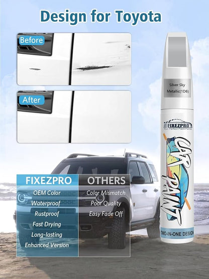 (1D6 Silver Sky Metallic Car Touch Up Paint for Toyota, Color Match Auto Paint Repair Pen,Professional Car Scratch Repair Remover Pen Automotive Quick Drying, Easy to Use
