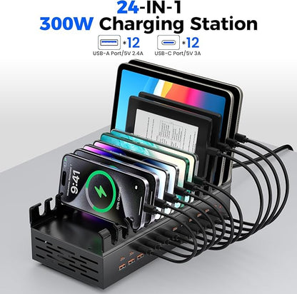 300W USB Charging Station for Multiple Devices, 24 Port USB C Fast Charging