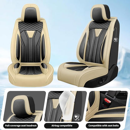 Fit Patriot Car Seat Covers for Jeep Patriot 5 Seats 2007-2016 2017 -Premium Leather, Waterproof & Breathable，All-Weather Seat Cushion Protecto & Airbag Compatible, 2 Front Seat Beige & Black