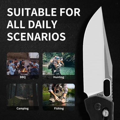 CJRB Prado Folding Pocket Knife 3.76" AR-RPM9 Sand Polish Steel Blade Ebony Handle Crossbar Lock for Men Outdoor, Survival, Camping and EDC, Ebony