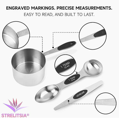 Magnetic Measuring Cups and Spoons Set, Strong N45 Magnets, 304 Stainless Steel