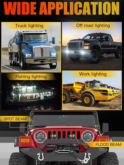 MAYELLO 4Inch LED Pod Lights - 60W White Flood Beam Off Road & Fog Lights with 12D Corrugated Lens, Compatible with Jeep Wrangler, Truck, Pickup, ATV, UTV, SUV, Motor Car, Boat