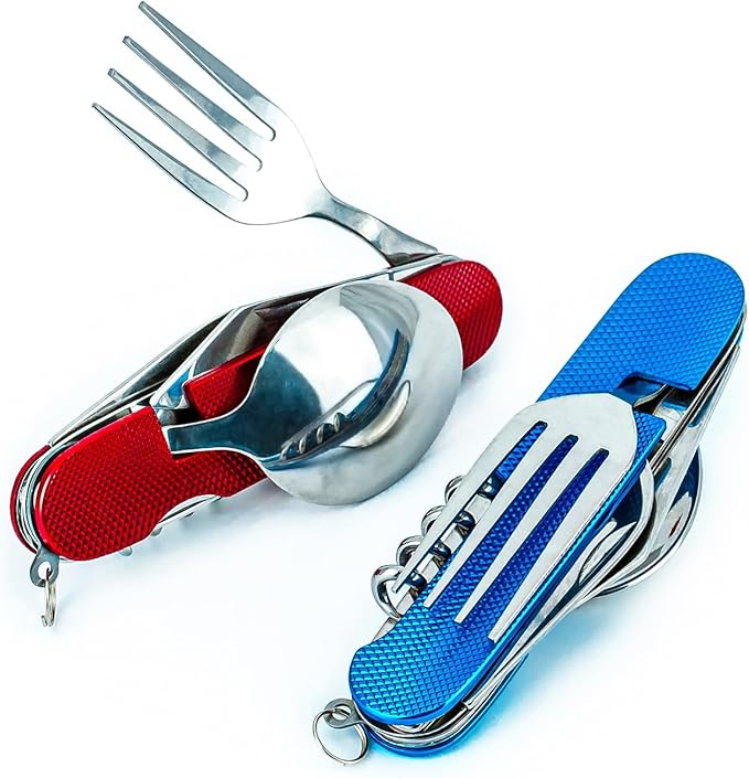 6-in-1 Multi-Function Camping Utensil Flatware Set Detachable Spoon Fork Knife Combo Mess Kit with Carrying Pouch (Blue + Red)