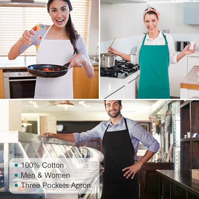 Jubatus 2 Pack 3 Pockets 100% Cotton Adjustable Bib Apron Chef Kitchen Cooking