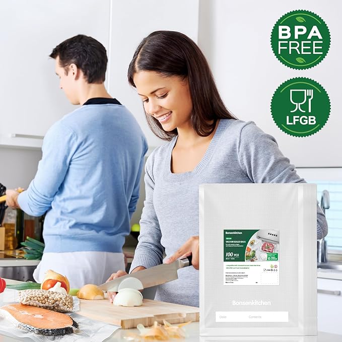 Bonsenkitchen Precut Vacuum Bags 100 Quart 8" x 12", BPA Free, Commercial Grade Textured Food Sealer Bag, Thick Embossed Bags for Storage and Sous Vide Cooking VB3205