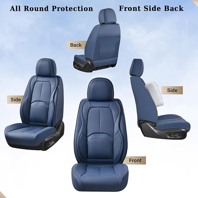Coverado Car Seat Covers Full Set, Blue Car Seat Cover, Nappa Leather Seat Covers for Cars, Waterproof Car Seat Protector with Lumbar Support, Automotive Seat Covers Universal Fit for Most Cars (Blue)