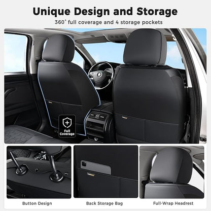 Huidasource Black Leather Seat Covers, Car Seat Cover Front and Back Seats Full Set, 360° Full Wrap Seat Cushion Covers Protector 5 Seats Universal Fit for Most Cars SUV Trucks