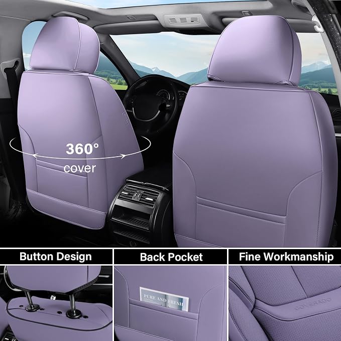 Coverado Universal Seat Covers Front, Universal Seat Covers for Cars, 2-Pack Waterproof Nappa Leather Car Seat Covers with Head Pillow, Auto Protectors Fit for Most Sedans SUV Pick-up Truck-Purple