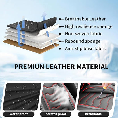 Fit Compass Car Seat Covers for Jeep Compass 2007-2025 2026 -Full Set Premium Leather, Waterproof & Breathable，All-Weather Seat Cushion Protecto & Airbag Compatible,2 Front Seat Red Line&Black