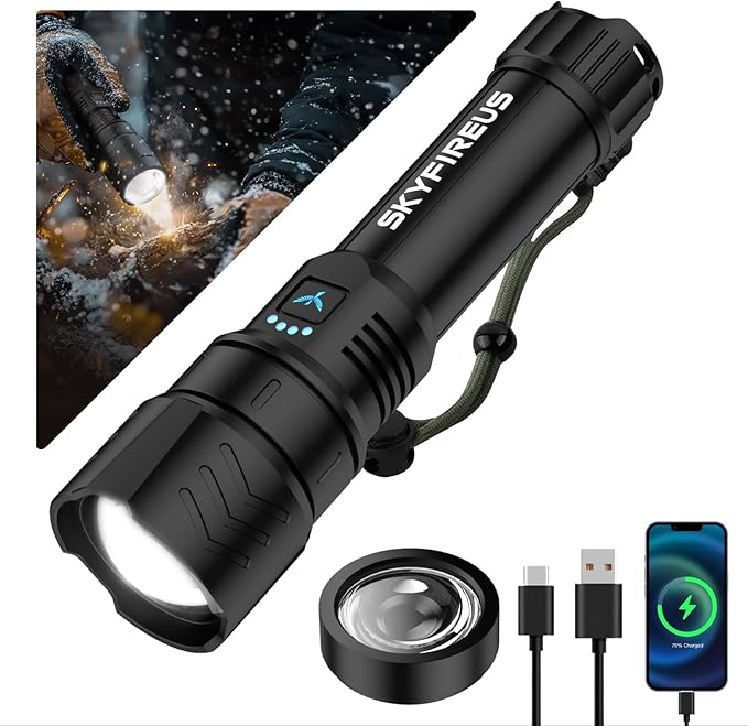 SKYFIRE LED Flashlights High Lumens,2000lm Super Bright Rechargeable Flashlight with Ignition Lens, Zoomable,Output,Waterproof Flash Light for Camping Essentials,Outdoor and Home(Black)