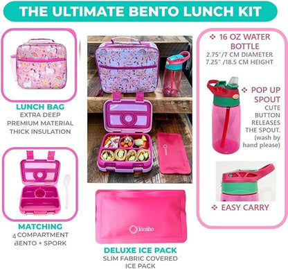 kinsho Bento Lunch Box with Insulated Bag and Water Bottle Set for Kids Toddlers, 4 Portion Sections, Removable Tray, Pre-School Girl Toddler Daycare Lunches, Snack Container, Pink Unicorn