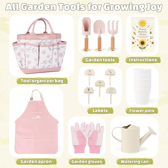 Dreamon Gardening Set Toys for Kids, Quality Garden Tool Kit Includes Tote Bag, Apron, Gloves, Shovel, Rake, Cultivator, Watering Can, STEM Learning Outdoor Gifts for Kids Toddlers (Pink)