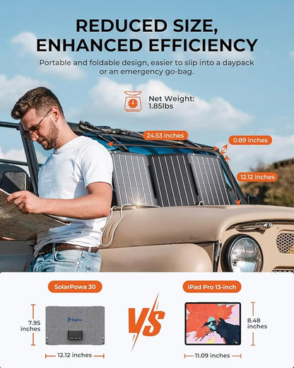 BigBlue 30W Solar Panel Charger with Fast Charging USB-A, USB-C and DC Ports, IP68 Waterproof, Portable Folding Solar Charger Compatible with iPhone, iPad, Samsung, LG, Power Banks, Power Station