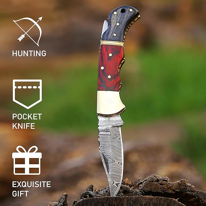6.5 inch Damascus Pocket Knife with Sheath, Handmade Folding Pocket Knife for Men, Black-Red Wooden Handle with Brass Bolster, Secure Lock Back Camping Knife for EDC,Hunting,Hiking (Red)