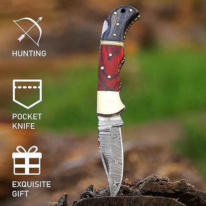 6.5 inch Damascus Pocket Knife with Sheath, Handmade Folding Pocket Knife for Men, Black-Red Wooden Handle with Brass Bolster, Secure Lock Back Camping Knife for EDC,Hunting,Hiking (Red)