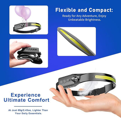 Rechargeable LED Headlamp (Gray), 400 Lumens, 230° Wide Beam, USB-C, IPX4, 5 Modes ??Lightweight, Adjustable Headband; Hard Hat Clips for Camping, Hiking, Running & Repairs