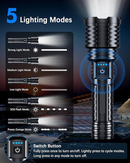 Super Bright Rechargeable LED Flashlights 5000.000 High Lumens, Flashlights High Lumens Up to 25H Long Battery Life| Zoomable| 5Light Modes| IP67 Waterproof, High Powered Flashlight for Camping Home