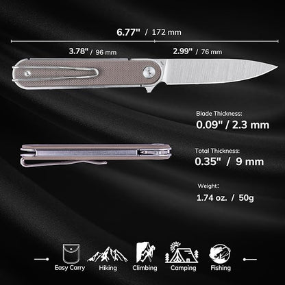 REALSTEEL IRIS Pocket Knife, Folding Knife, Flipper, Liner Lock, 2.99" 12C27 Steel Blade, Lightweight G10 Handle, 1.74oz, Deep-carry Pocket Clip, EDC Outdoor Indoor, Gifts for Men Women Camping Hiking Climbing Fishing (Coyote G10)