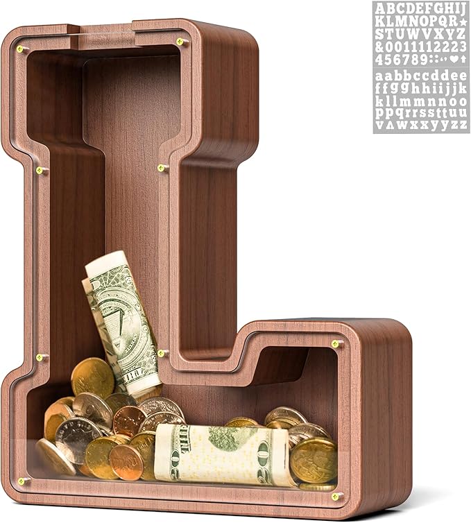 Summidate Wooden Letter Piggy Bank, Extra Thick Large Capacity Piggy Bank for Kids Boys Girls Toddler, Alphabet L Money Bank| Coin Box Birthday, Christmas, Festival
