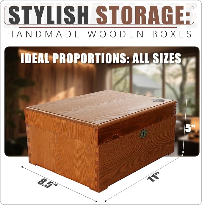 Locked Wooden keepsake box with Hinged Lid, Ash Wood Decorative Keepsake Box (11x5x8.46 in), Handmade Mortise & Tenon Joints, Durable Wood Box Storage for Jewelry & Valuables