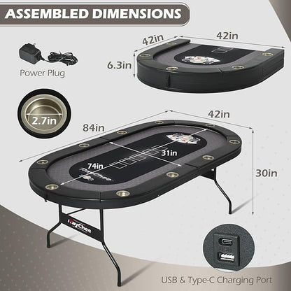 LED Poker Table, 84" 10 Player Foldable Texas Holdem Table w/Inlaid LED Light, 2 USB & 2 Type-c Ports, Portable Blackjac for Texas Card Game w/Cup Holders and Padded Rails (Black)