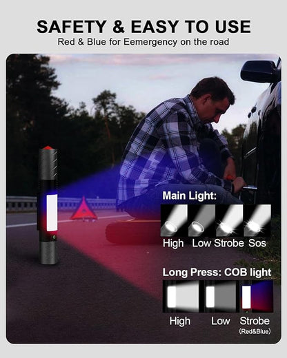 Rechargeable Flashlight, Includes Screwdriver, Window Breaker, 4 Main Lighting Modes, 3 Side Lighting Modes, High and Low Beam, Magnetic Rechargeable Flashlight for Home, Car, Hiking, Camping