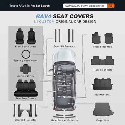 AOMSAZTO RAV4 Car Seat Covers Full Set Custom Fit for Toyota RAV4 2019 2020 2021 2022 2023 2024 2025 LE,XLE,XLE,Premium,Limited with Interior Accessories(5 Seats,Black&Redline)