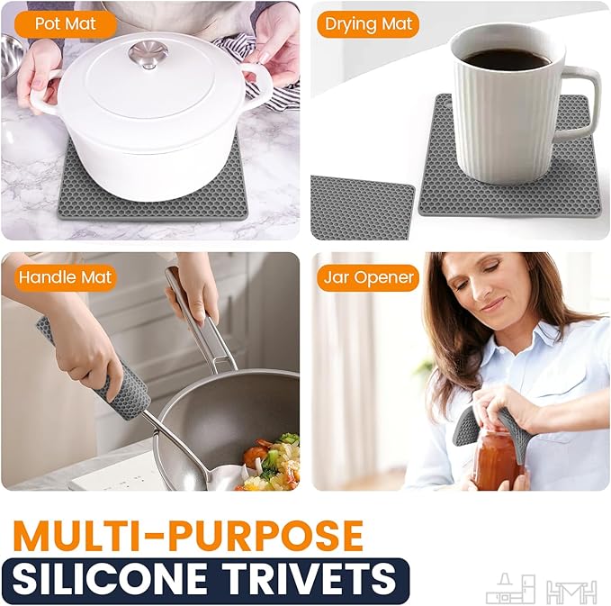 Silicone Trivet Mats 4 Heat Resistant Pot Holders Multipurpose Non-Slip Hot Pads for Kitchen Potholders, Drying mat, Jar Opener, Spoon Holder, Coaster.(Grey)