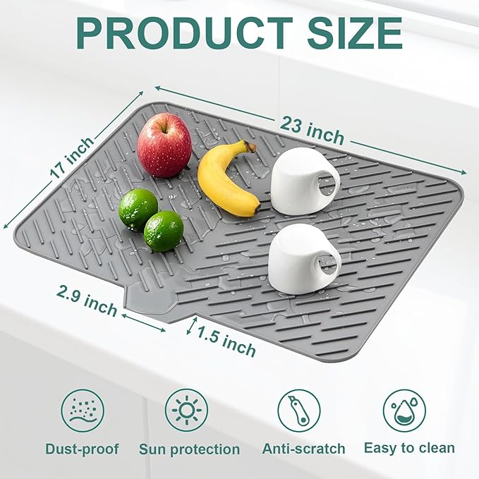 Silicone Dish Drying Mat 23x17, Food-Grade Silicone, Easy Clean Pad