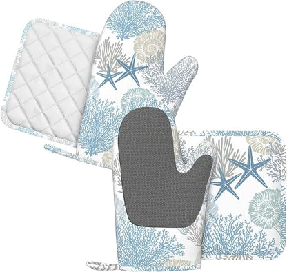 Nautical Coastal Oven Mitts and Pot Holders Sets Silicone Starfish Seashell