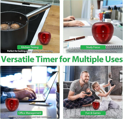 Stainless Steel Apple Kitchen Timer, Mechanical 60-Minute Manual Countdown