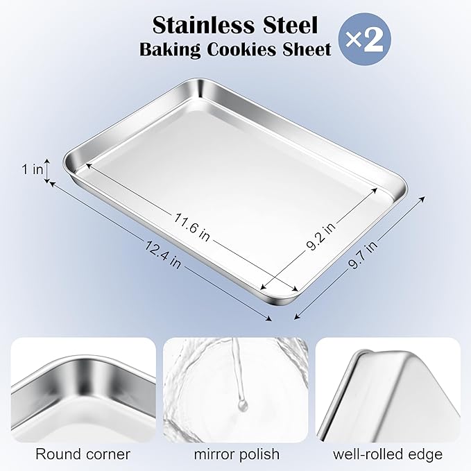 E-far Stainless Steel Baking Sheets, 12.4” x9.7” x 1” Baking Cookie Sheets Pans