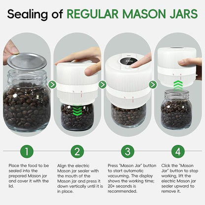 Mason Jar Vacuum Sealer Kit, Electric Sealer for Wide and Regular Mouth Mason Lids, Canning Vacuum Sealer Mason Jar, Automatic Vacuum Sealer Machine for Food Storage - White