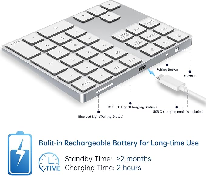 HoRiMe Bluetooth Number Pad, Rechargeable Wireless Numeric Keypad Slim 34-Keys