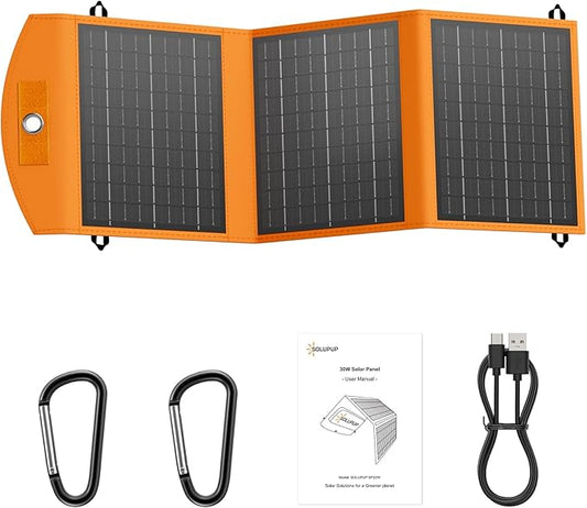 Solar Panels 30W Portable Foldable Solar Charger with 5V USB-A and USB-C Fast Charging Compatible with iPhone, iPad, Samsung, Power Banks, IPX5 Waterproof Perfect for Camping, Hiking, Outdoor