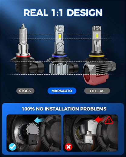 Marsauto M1S 9006 Bulbs 2025, 800% 30000LM Super Bright 9006/HB4 Fog Light, Real 1:1 Design, 6000K Cool White M1S HB4 Bulbs, 3 Min Quick Plug and Play, IP68, Pack of 2