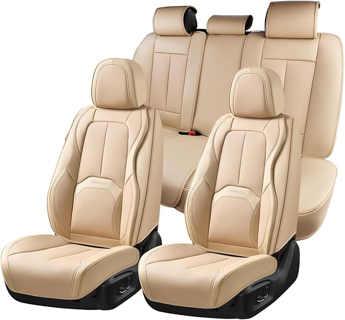 Coverado Car Seat Covers Full Set, Premium Nappa Leather Seat Covers for Car, Waterproof Car Seat Protector with Lumbar Support, Automotive Seat Covers Universal Fit for Most Cars SUV Truck(Beige)