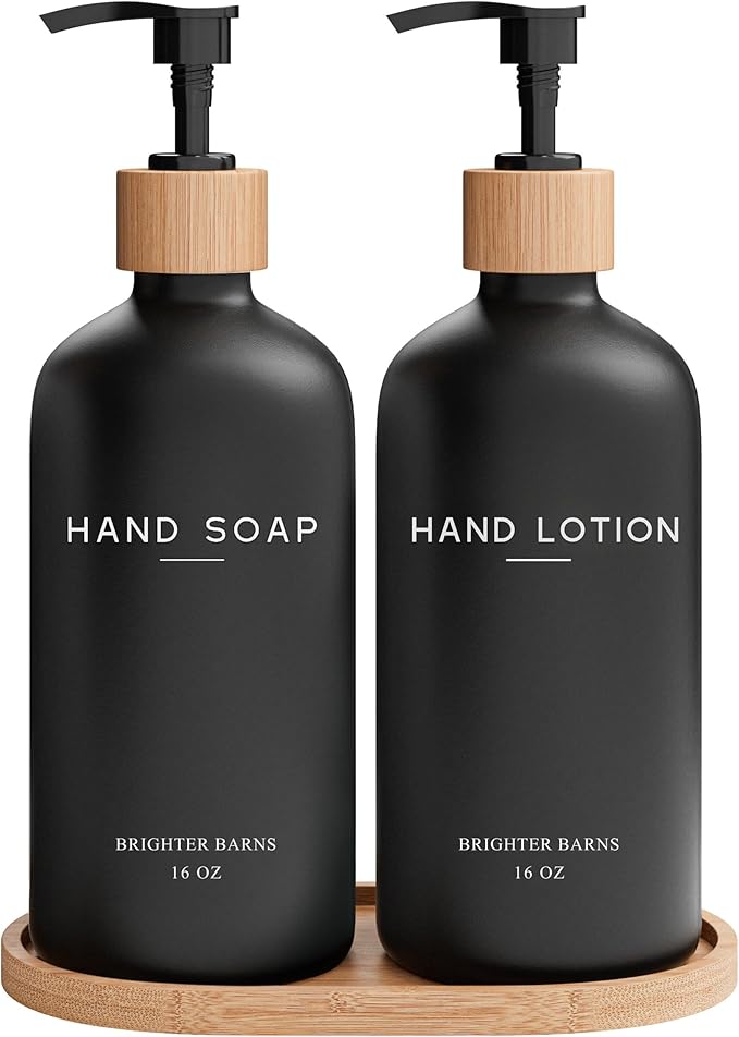 Black Glass Soap and Lotion Dispenser Set