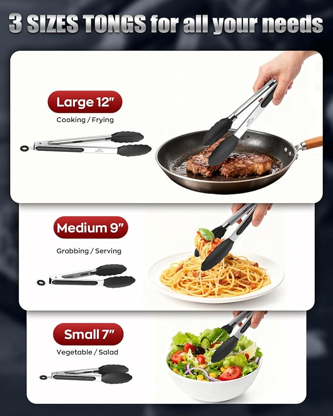 600ºF Heat Resistant Kitchen Tongs, Premium Locking Cooking Tongs