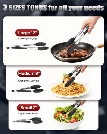 600ºF Heat Resistant Kitchen Tongs, Premium Locking Cooking Tongs