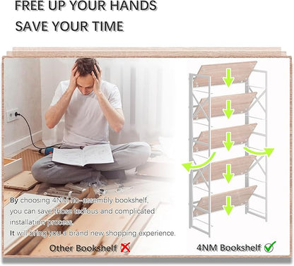 4NM 5 Tiers No Assembly Book Shelves, 51.2" H Folding Bookshelf Bookcase Open